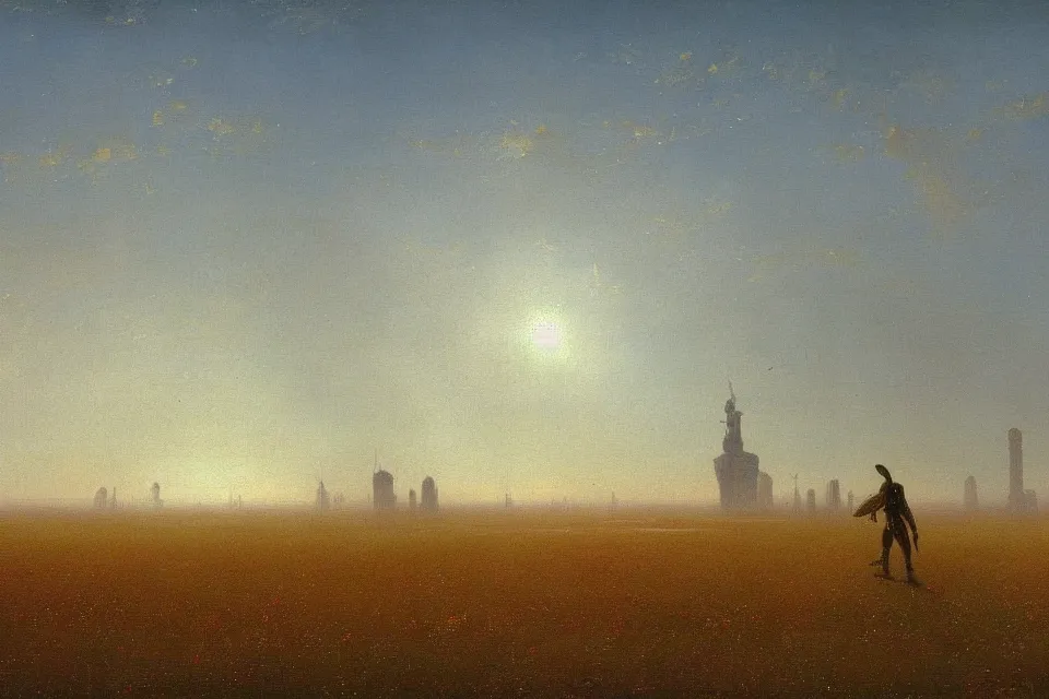 Image similar to sci-fi painting of a large alien city on the vast wheat fields, the closed back view of one humanoid robot on the ground, by Ivan Aivazovsky, godrays, detailed