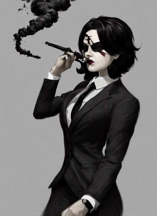 Prompt: a highly detailed illustration of short black haired woman wearing black eyepatch and noir style suit and tie, dramatic smoking pose, intricate, elegant, highly detailed, centered, digital painting, artstation, concept art, smooth, sharp focus, league of legends concept art, WLOP