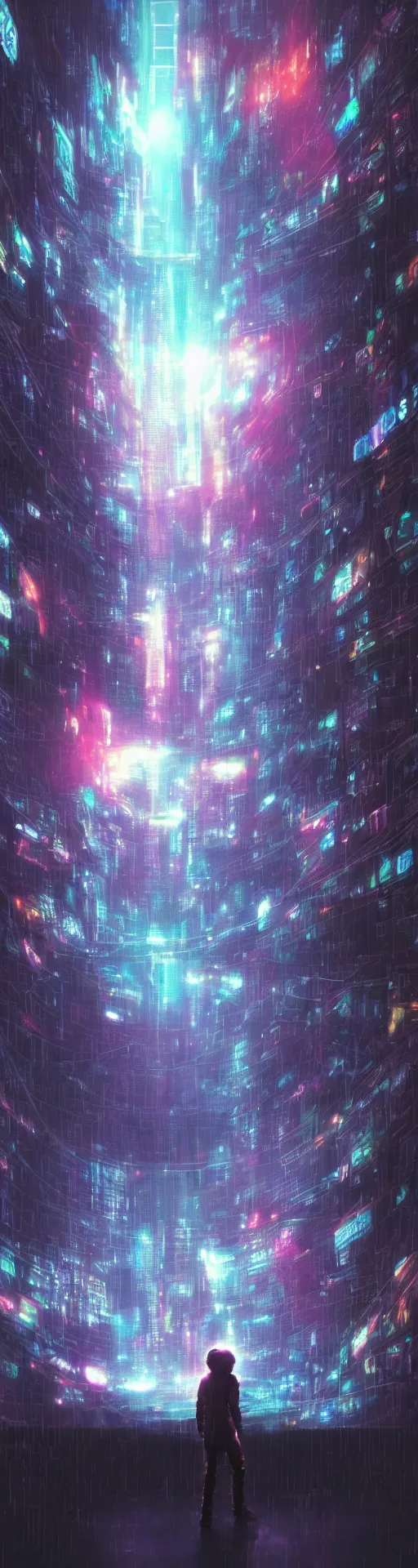 Image similar to one cyber godly person made of cosmic nebula galaxy energy watching a rainy colorful complex cyberpunk futuristic holographic city from behind at night through a window in a room, akira, reflections, 8 k, photorealistic, concept art, wet, highly detailed, cinematic mood by ridley scott, ghost in the shell, trending on artstation, glowing and epic