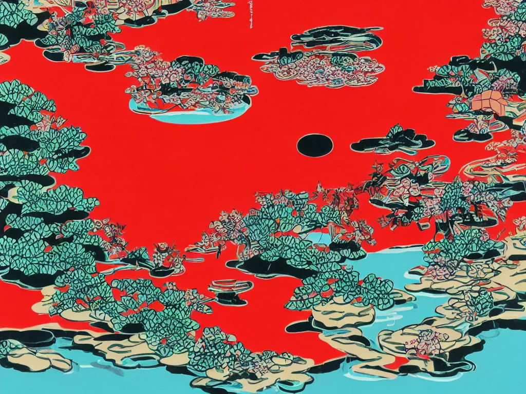 Image similar to close - up image of a japanese red house with a pond, with stormtroopers sitting around it, a combination of pop - art and traditional japanese painting styles, the style of andy warhol, roy lichtenstein and jackie tsai, bright palette, acrylic on canvas