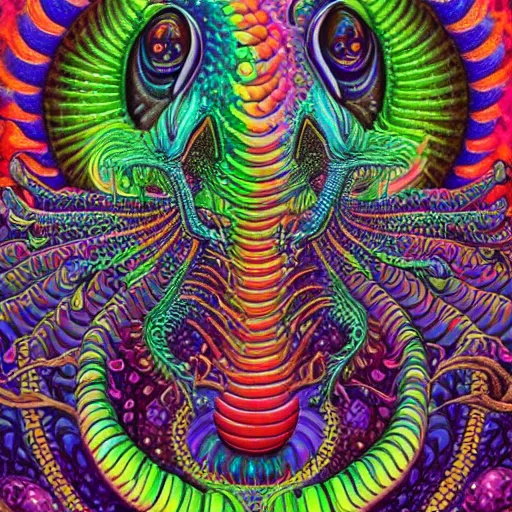 Image similar to a painting of a dragon with a psychedelic look, a detailed painting by lisa frank and alex grey, reddit contest winner, psychedelic art, detailed painting, psychedelic, ( ( pointilism ) ), made of crystals