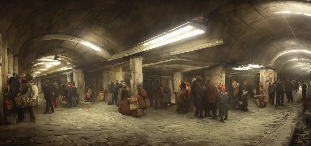 Prompt: market in an underground subway track by eugene von guerard, ivan shishkin, dramatic lighting, concept art, trending on artstation