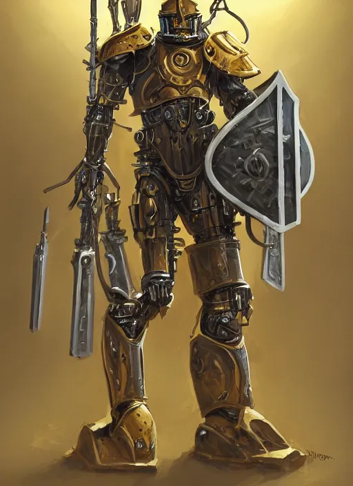 Image similar to dynamic portrait of a intricate glorious holy mechanical warforged pit droid character in yellow armor holding a paladin engraved great longsword and carrying a big shield, epic , trending on ArtStation, cinematic lighting, by Jesper Ejsing