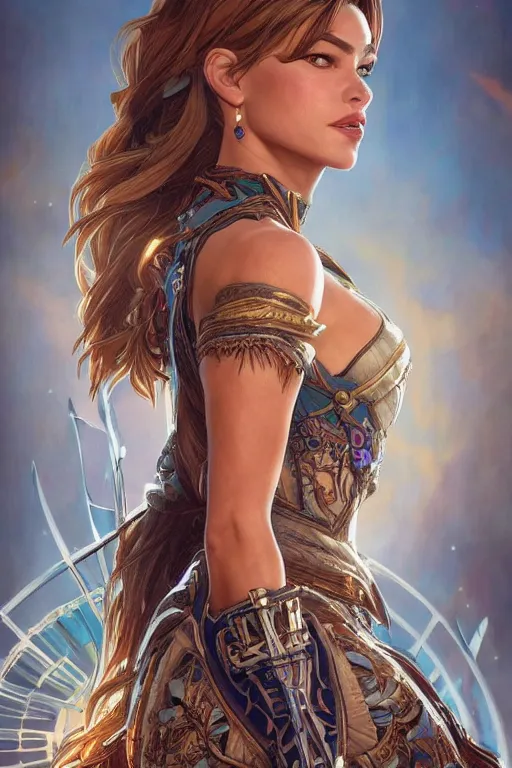 Image similar to symmetry!! portrait of sofia vergara in the style of horizon zero dawn, machine face, intricate, elegant, highly detailed, digital painting, artstation, concept art, smooth, sharp focus, illustration, art by artgerm and greg rutkowski and alphonse mucha, 8 k