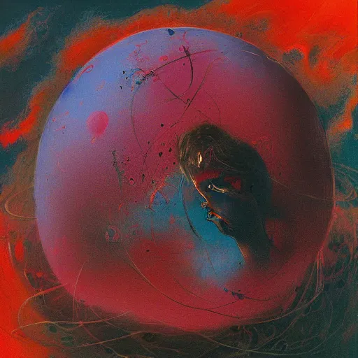 Image similar to a sphere being devoured by abstract splatters of paint in the style of francis bacon, venus being engulfed in flames in the style of james jean, surreal, beksinski, high detailed