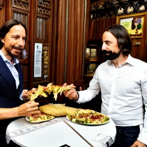 Image similar to pablo iglesias and santiago abascal sharing a kebab in the houses of parliament