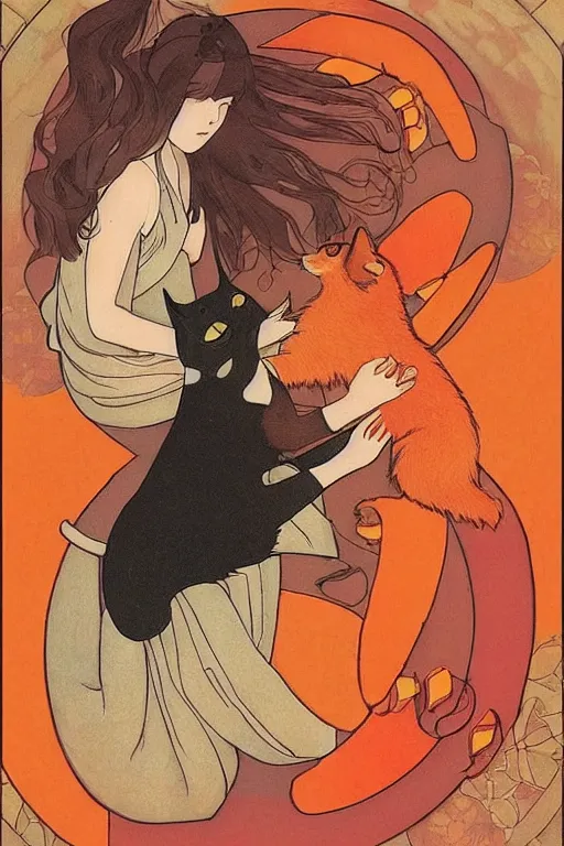 Prompt: a girl playing with a cat by studio ghibli and mucha ,Visual Communication Design Refreshing colour ,orange slices