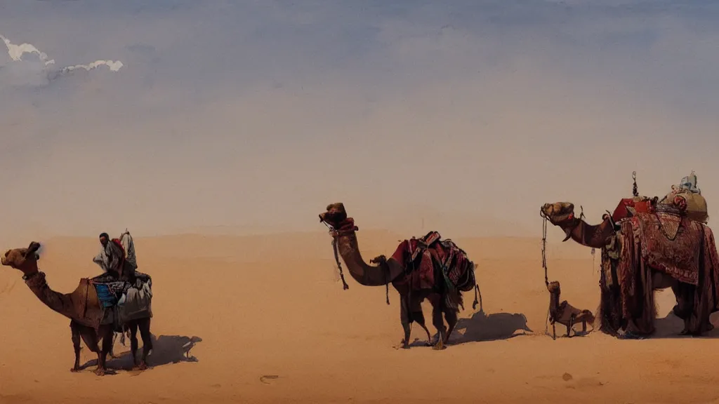 Image similar to desert landscape with arabian merchant with colored bags feeding a camel, rule of thirds, watercolored, jakub rozalski, dark colours, dieselpunk, artstation