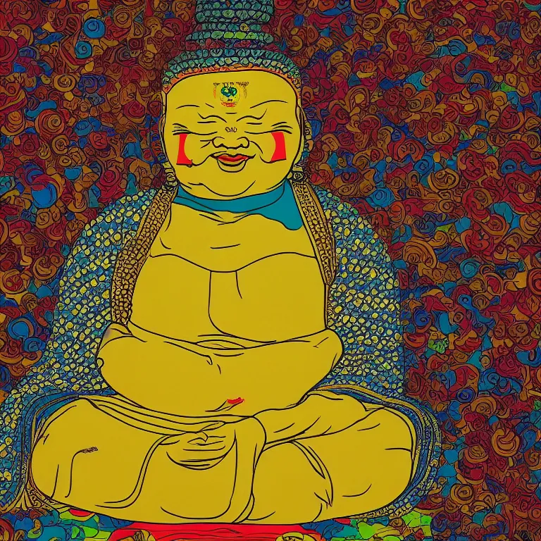 Prompt: smiling buddha immense knowledge infinite color dmt art ornate red green yellow deep blue