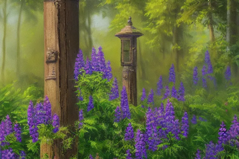 Prompt: vintage iron lamp post in the lush forest in the spring. Cinematic, purple lupin flowers, hiking trail. Intricately detailed oil painting