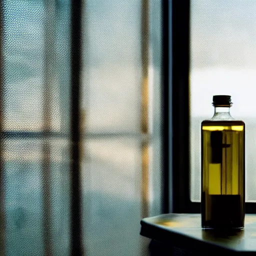 Prompt: a close - up of a gpu preserved in a jar of olive oil, sun rays shining through window, cinematic shot, photo still from movie by denis villeneuve