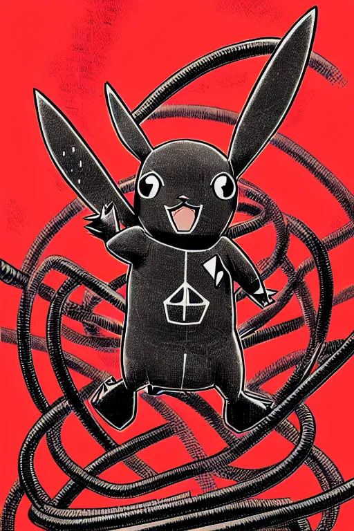 Pikachu Cyborg in Red surrounded by cables, 19th, Stable Diffusion