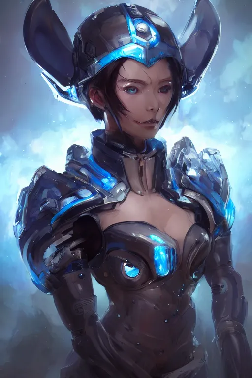 Prompt: concept art, anime portrait of a cyborg wearing an azure wolf themed armor by Stanley Artgerm Lau, WLOP, Rossdraws, James Jean, Andrei Riabovitchev, Marc Simonetti, and Sakimichan, trending on artstation