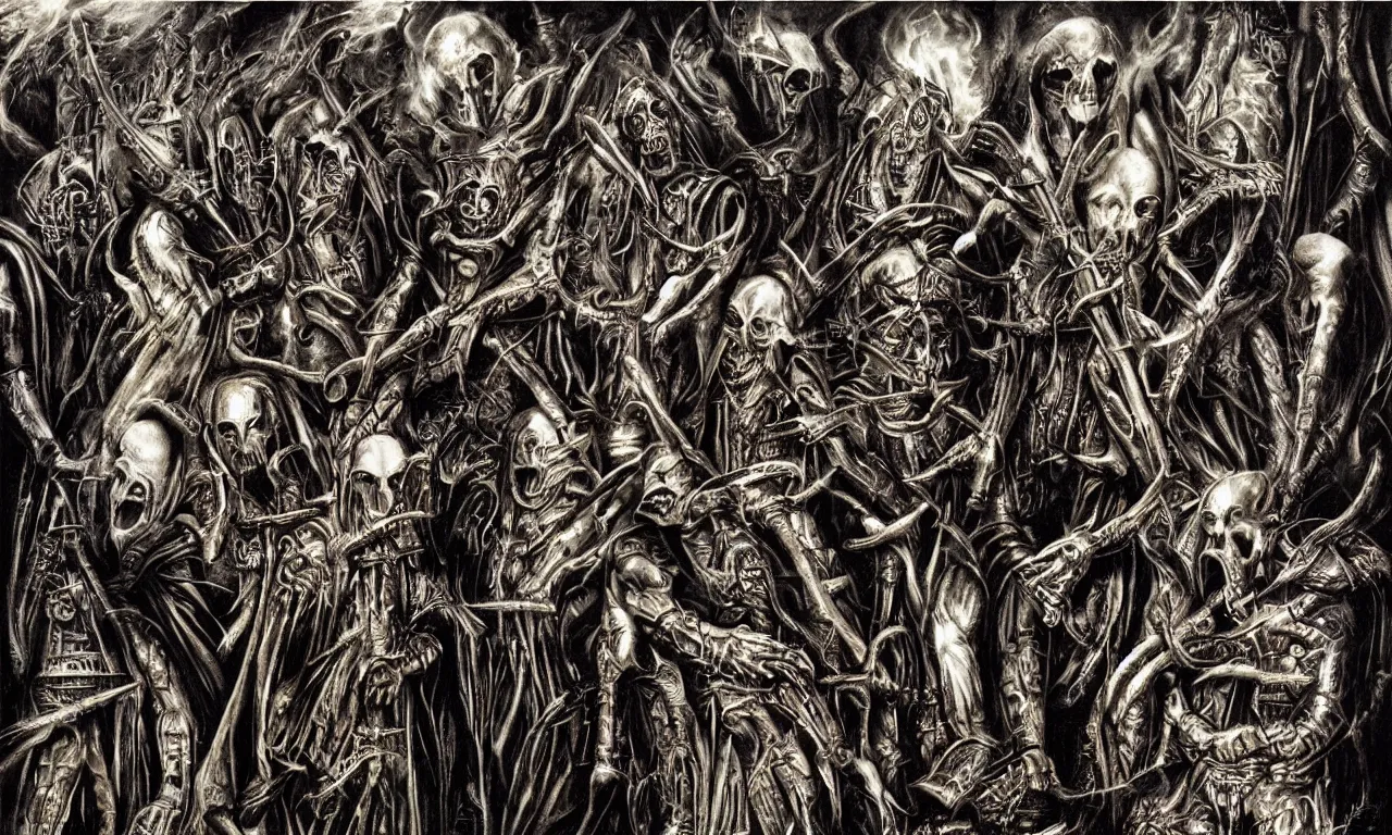 Prompt: judas priest, saints in hell, by giger,