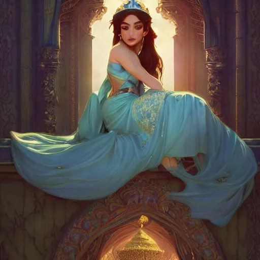 Image similar to beautiful young princess jasmine, closeup, palace background, d & d, fantasy, elegant, highly detailed, digital painting, artstation, concept art, matte, sharp focus, illustration, art by artgerm and greg rutkowski and alphonse mucha