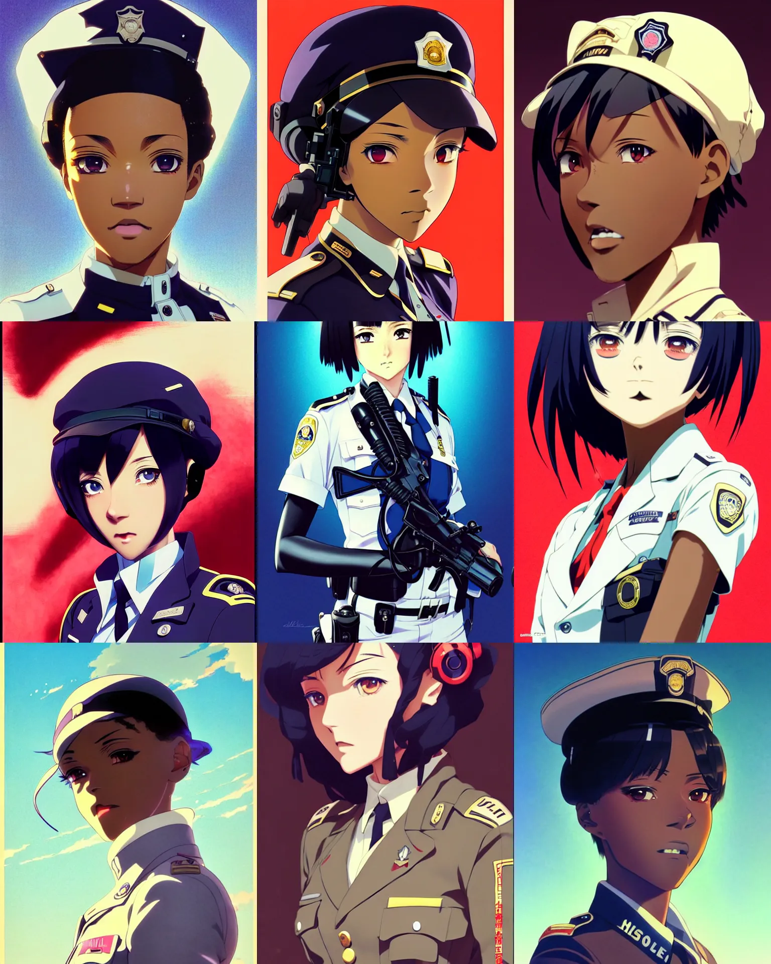 Prompt: A beautiful young anime [African-American or white] dieselpunk policewoman || very anime, fine-face, pretty face, realistic shaded Perfect face, fine details. Anime. realistic shaded lighting poster by Ilya Kuvshinov katsuhiro otomo ghost-in-the-shell, magali villeneuve, artgerm, Jeremy Lipkin and Michael Garmash and Rob Rey