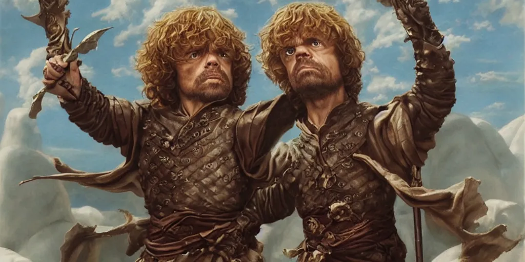 Image similar to exhausted Tyrion Lannister portrayed by Peter Dinklage after a dragon battle, epic stance posing, very epic painting by Boris Vallejo