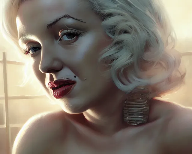 Image similar to highly detailed portrait of marilyn monroe, in the walking dead, stephen bliss, unreal engine, fantasy art by greg rutkowski, loish, rhads, ferdinand knab, makoto shinkai and lois van baarle, ilya kuvshinov, rossdraws, tom bagshaw, global illumination, radiant light, detailed and intricate environment