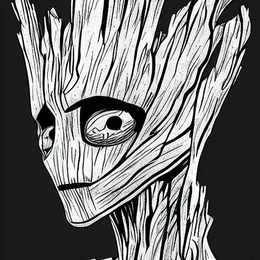 Prompt: groot baby ghost dark cyber scifi ambiance drawing