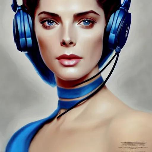 Image similar to Ashley Greene's face combined with Grace Kelly's face with blue hair wearing Power Armor and a headset, western, D&D, fantasy, intricate, elegant, highly detailed, digital painting, artstation, concept art, matte, sharp focus, illustration, art by Artgerm and Greg Rutkowski and Alphonse Mucha