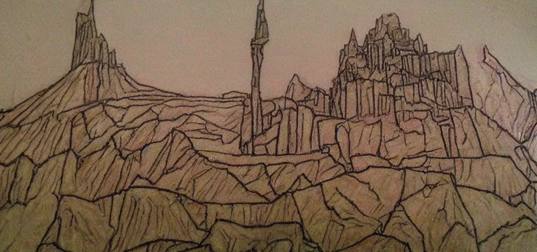 Image similar to Minas Tirith poorly drawn in wax crayon by a five-year old