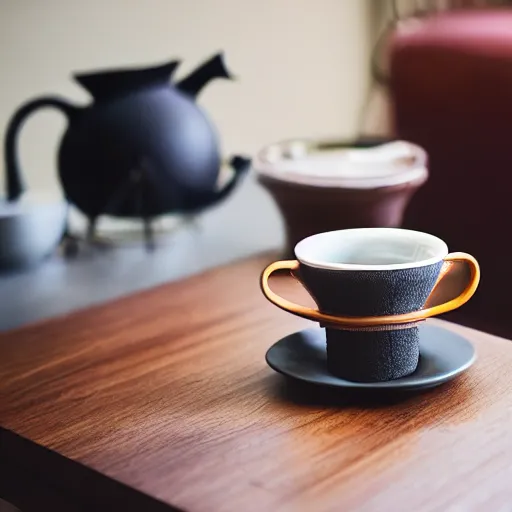 Image similar to V60 pourover, with fellow stagg ekg, on a coffee table, product photography