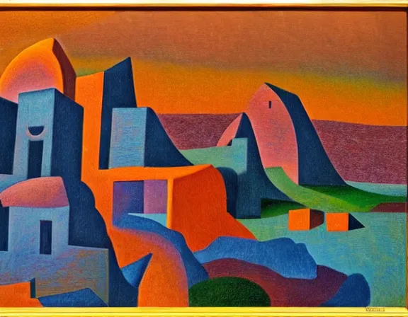 Image similar to a village on the surface of mars, by ansel adams and jean metzinger, oil on canvas