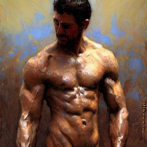 Prompt: a man with a shredded body type, painting by Gaston Bussiere, Craig Mullins