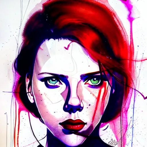 Prompt: phil noto, pretty scarlett johansson black widow, symmetrical eyes, long red hair, full body, by agnes cecile and moebius and envi bikal, very luminous design, pastel colours, ink drips, autumn lights