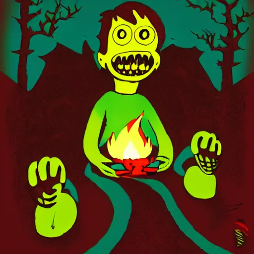 Image similar to spooky boy lit by campfire, illustration in the style of Jamie Hewlett, bold colors