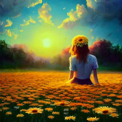 Image similar to giant daisy flower as head, girl sitting in a flower field, surreal photography, sunrise, dramatic light, impressionist painting, colorful clouds, digital painting, artstation, simon stalenhag