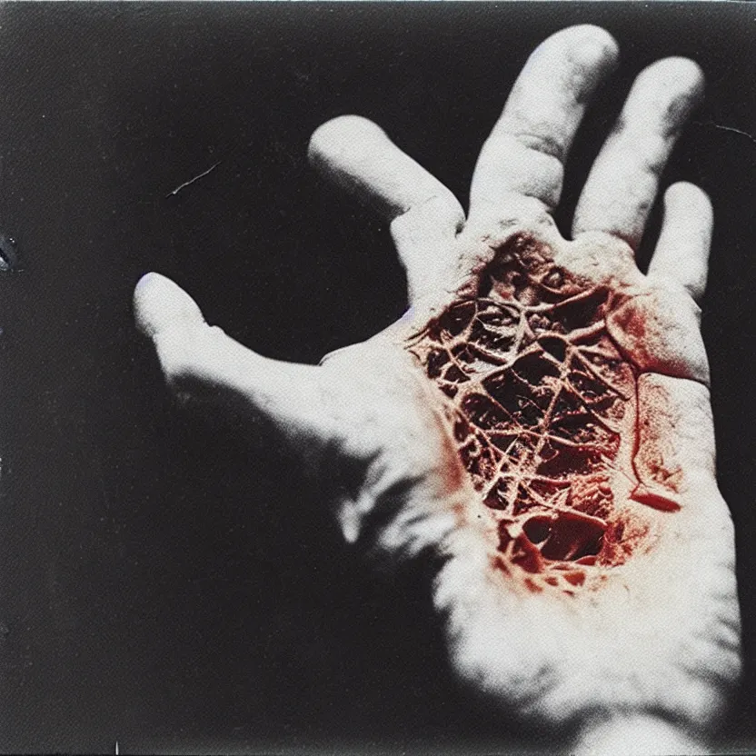 Image similar to close - up photo of a dismembered hand taken with a polaroid