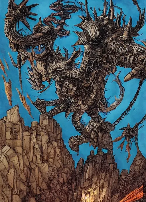 Image similar to detailed fantasy comic book drawing of a ( giant mechanical dragon ) over a ( stronghold castle ) by dariusz zawadski and simon stalenhag, simon bisley!, jack kirby!!! and gris grimly, cinematic, epic, awesome color palette, hard contrast, ink outlines