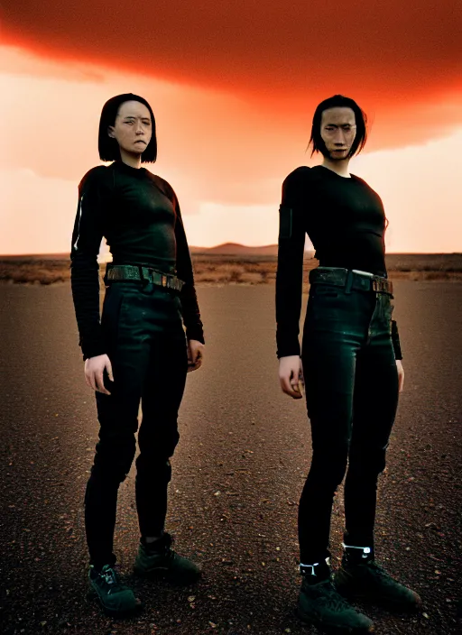 Image similar to cinestill 5 0 d photographic portrait of two loving female androids wearing rugged black techwear on a desolate plain with a red sky, extreme closeup, lizard on ground, cyberpunk style, in front of a brutalist dark metal facility, dust storm, 8 k, hd, high resolution, 3 5 mm, f / 3 2, ultra realistic faces