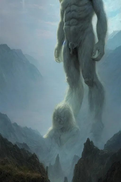 Image similar to a giant ethereal pale humanoid monster looming over a tiny human in an epic landscape, ethereal fantasy, artstation, james gurney