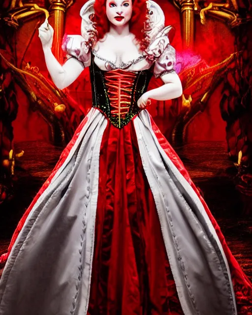 Prompt: evil ‘queen of hearts' goddess from 'Alice in wonderland' wearing red armor, queen, female knight, red hair, crown, holding unsheathed excalibur, standing in beautiful castle hall, rococo architecture, dramatic light, extreme detail, hyper realistic, flowers and petals, sucker punch, trending on artstation, epic wallpaper