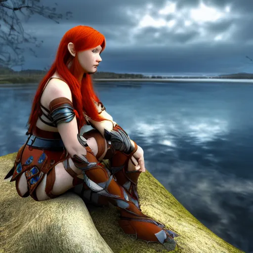 Prompt: beautiful female redhead elf warrior wearing armor, sitting next to a beautiful lake at dawn, enjoying the wind, looking at the water. 8k ultra realistic, award winning, unreal engine 5, masterpiece, atmosphere glow, hyperrealistic, focused, extreme details, cinematic, f/1.4