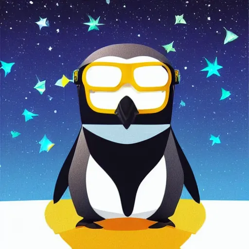 Prompt: digital art of a cute and small penguin! sitting on a white chair at night, wearing sunglasses! black background with some stars and a light coming from above! detailed, bright stars, vector art, by emiliano ponzi, by tom whalen, trending on polycount, private press, low poly, 3 d, sketchfab