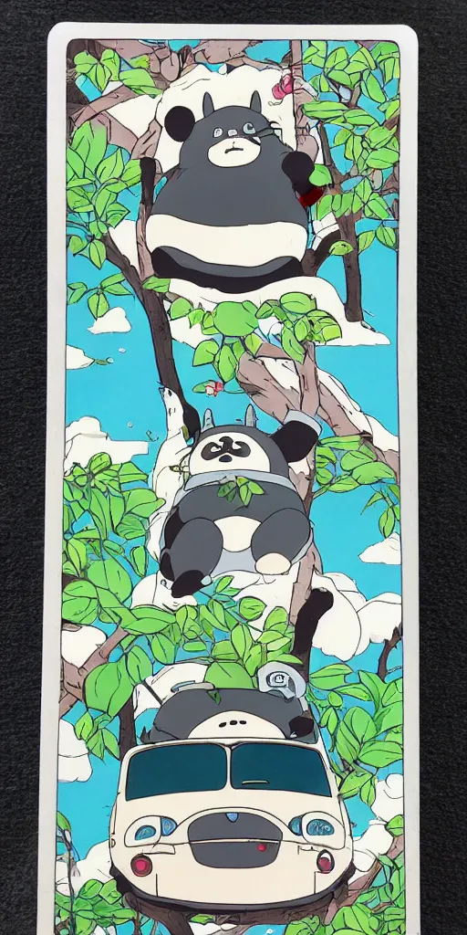 Image similar to a panda bus in like totoro, 1990s anime, full color, tarot card the chariot, highly detailed ,