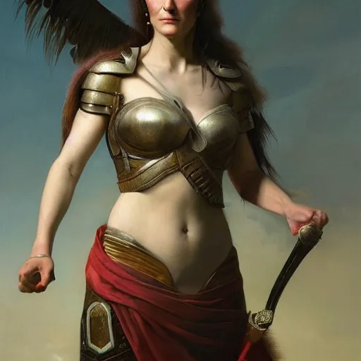 Prompt: the portrait of susie dent as amazon warrior in an elegant dress by roberto ferri, fantasy, witcher, very detailed oil painting, masterpiece, 8 k, full face