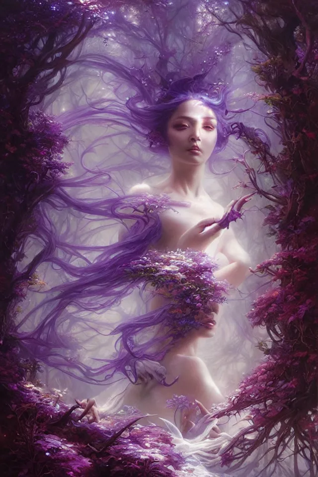 Image similar to ultra detailed photo realistic painting of the empress of the enchanted purple forest, volumetric lighting, by karol bak, greg rutkowski, peter mohrbacher and miho hirano.