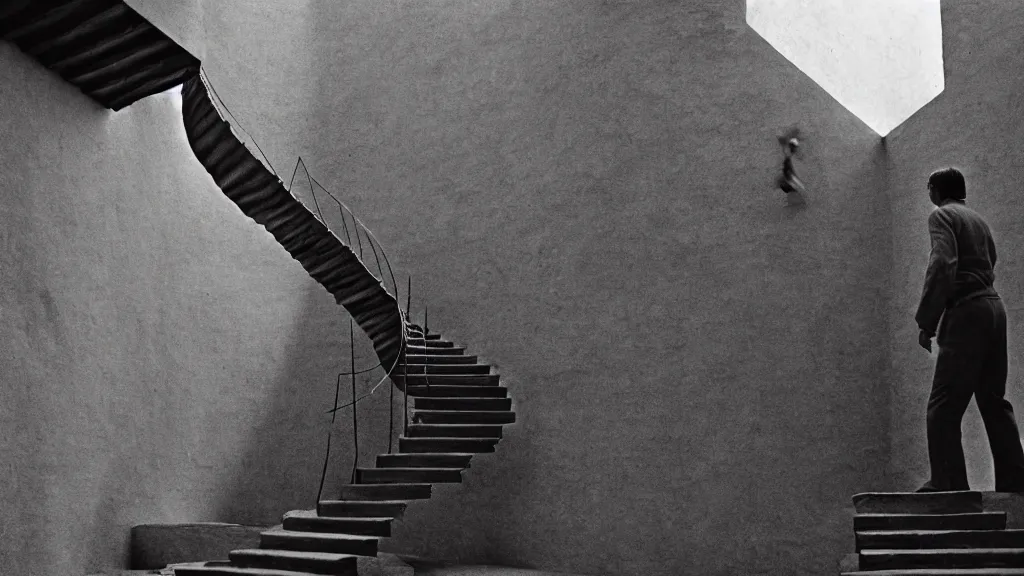 Prompt: a man building a winding staircase as he walks up it, film still from the movie directed by wes anderson with art direction by zdzisław beksinski and m. c. escher, wide lens