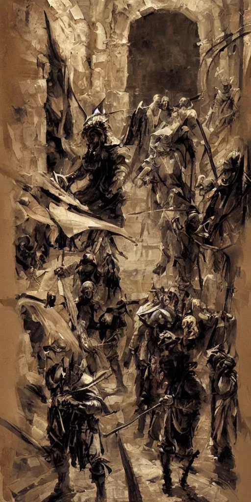 Image similar to oil painting scene from inquisition art by kim jung gi