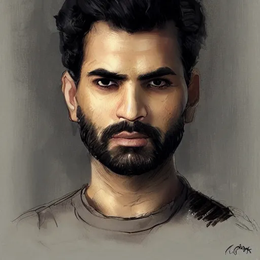 Image similar to Portrait of a man by Greg Rutkowski, he is about 30 years old, mixture between persian, indian and texan, wide forehead, short black hair, manly, attractive, strong and burly, he is wearing a utilitarian beige and black jumpsuit, highly detailed portrait, scifi, digital painting, artstation, concept art, smooth, sharp foccus ilustration, Artstation HQ