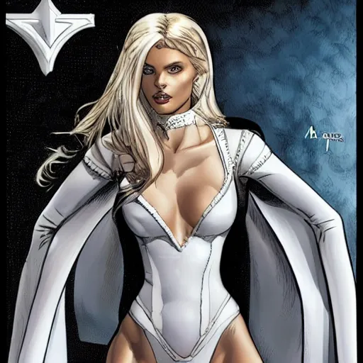 Prompt: Portrait of Abbey Lee as Emma Frost, white leather clothes, intricate, elegant, highly detailed, smooth, sharp focus, detailed face, high contrast, graphic novel, art by Ardian Syaf and Pepe Larraz,