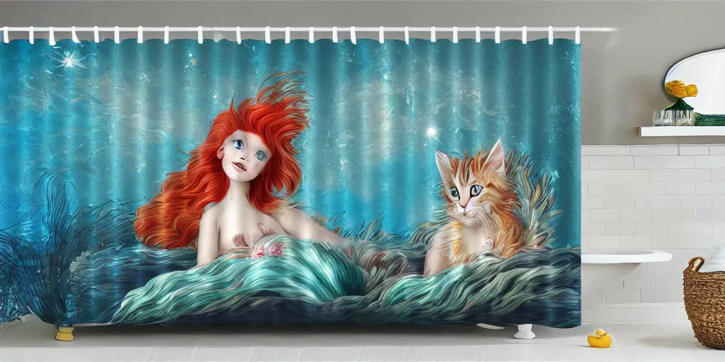 Image similar to a ( ( main coon kitten ) ) little mermaid themed shower curtain, shower curtain product photography. digital art. 4 k, highly detailed. saturated.