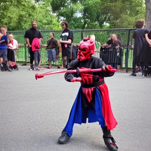 Prompt: Darth Maul watching his kids play at the park