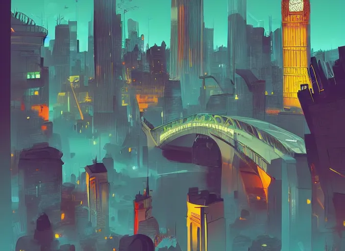 Prompt: futuristic london, courful illustration, by petros afshar