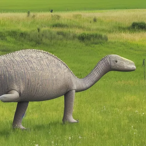 Image similar to a diplodocus lazily walking through a meadow enjoying the summer sun