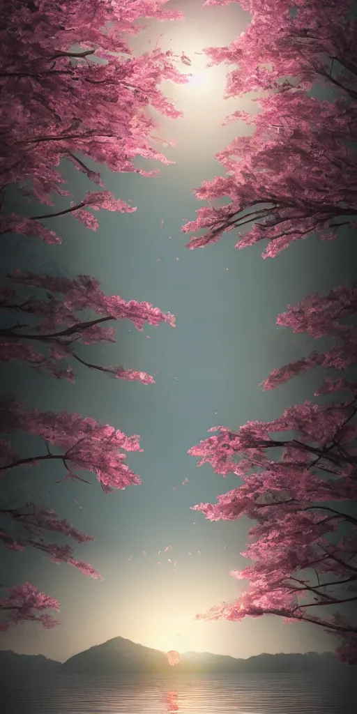 a single sakura tree growing upon an island in a lake, Stable
